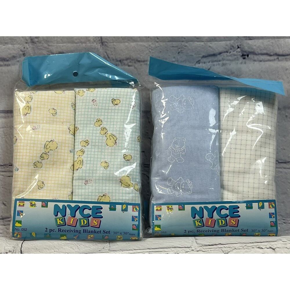 NOS Receiving Blankets Yellow Rubber Ducky Teddy Classic USA 90’s 2 Sets Vintage